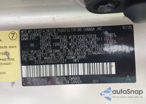 2006 Lexus Rx from USA, damaged, VIN 2T2GA31U86C045521
